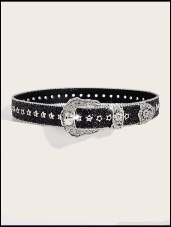 PU Leather Belt with Rhinestone Buckle Y2K Punk Western Style
